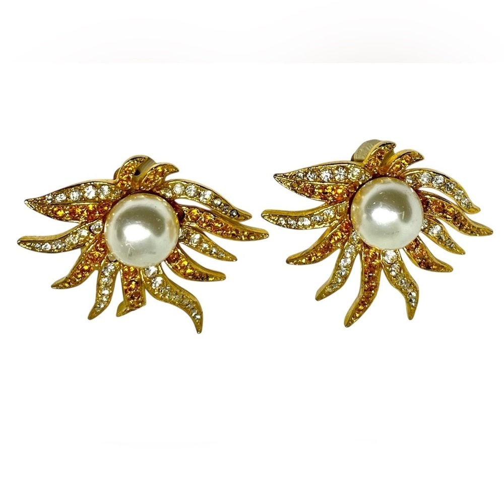 Vintage Sunburst Faux Pearl Clip On Earrings